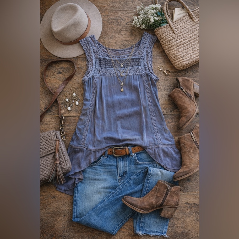 Sleeveless Lace Yoke Tank Top - Dusty Blue